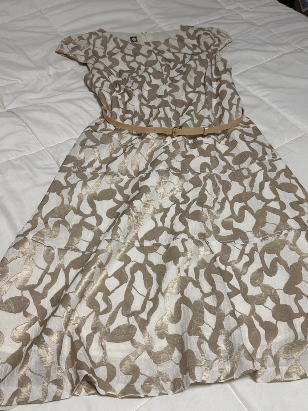 Anne Klein Cream and Beige Patterned Midi Dress with Slim Belt